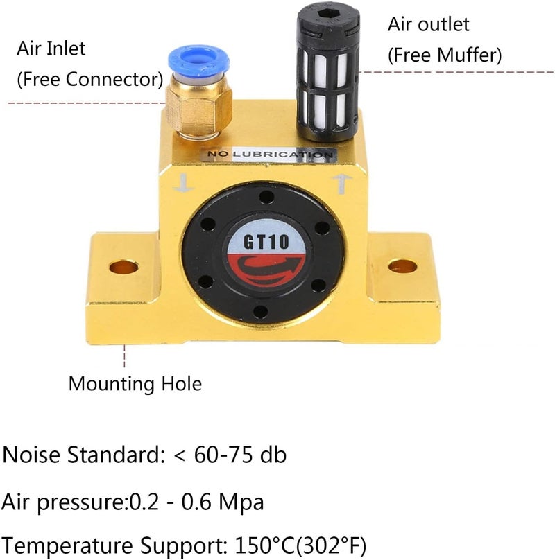 AFUXING Industrial Turbine Vibrators (GT10), G 1/8" Silent Pneumatic Turbine Vibrators for hopper, Golden GT-10 Industrial Vibrator Aluminium 6Bar, 1086N, 112l, 37500VPM - Image 2
